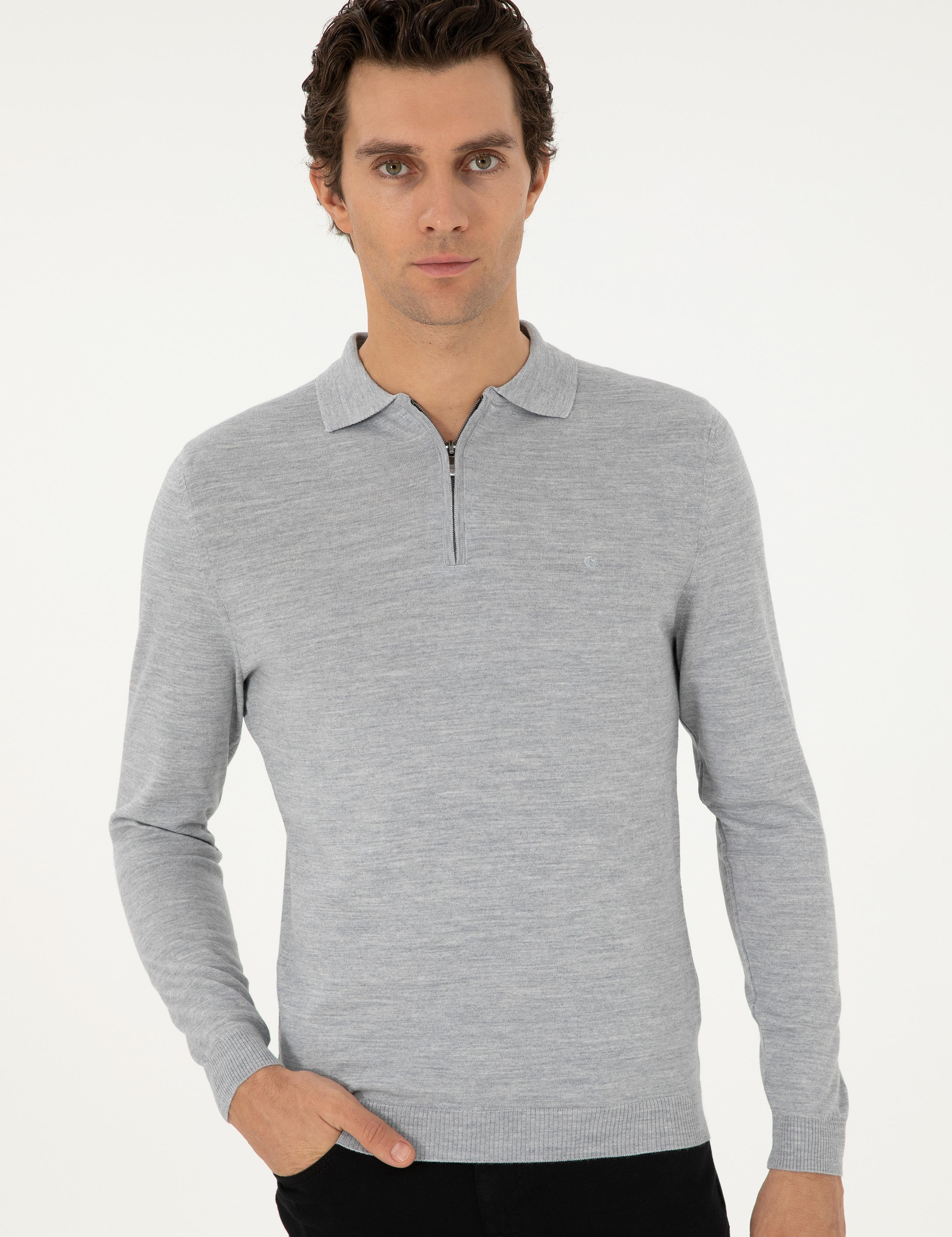 Gri Regular Fit Yün Karışımlı Fermuarlı Polo Yaka Basic Triko Kazak - 50296495035
