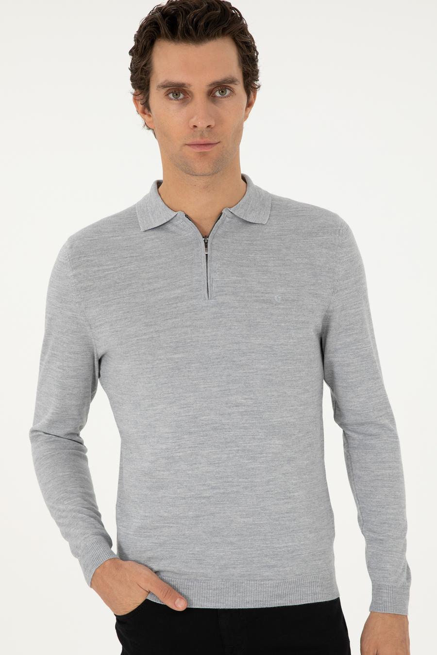 Gri Regular Fit Yün Karışımlı Fermuarlı Polo Yaka Basic Triko Kazak - 50296495035