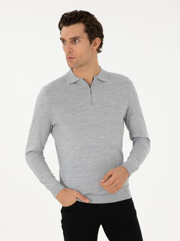 Gri Regular Fit Yün Karışımlı Fermuarlı Polo Yaka Basic Triko Kazak