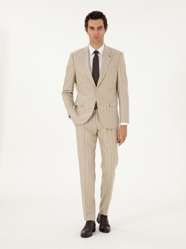Bej Slim Fit Yün Kaşmir Karışımlı Kırlangıç Yaka Çizgili Takım Elbise