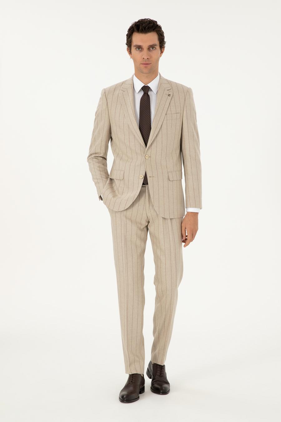 Bej Slim Fit Yün Kaşmir Karışımlı Kırlangıç Yaka Çizgili Takım Elbise - 50291127051