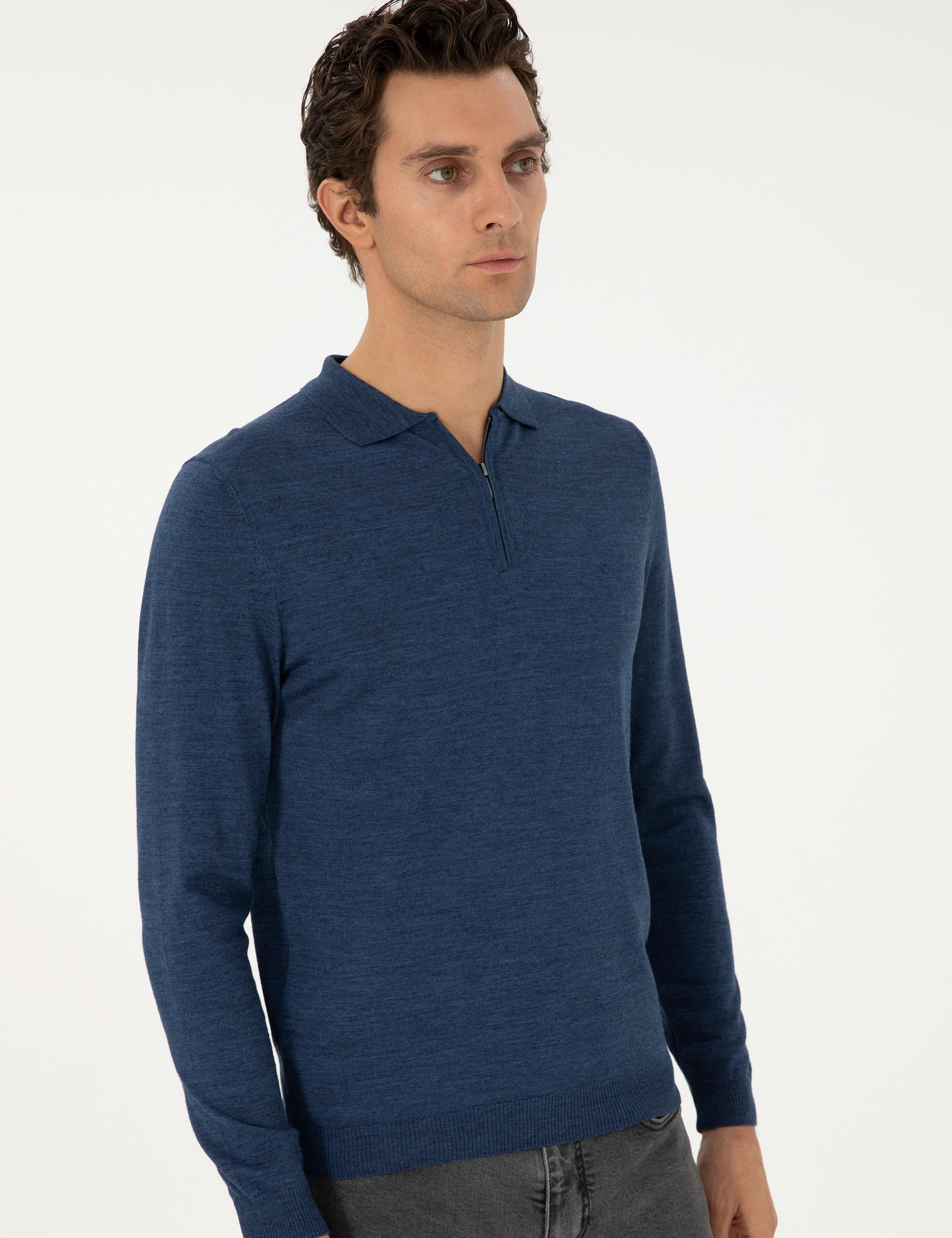 İndigo Regular Fit Yün Karışımlı Fermuarlı Polo Yaka Basic Triko Kazak - 50296495025