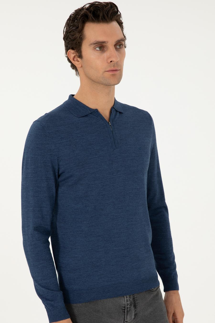 İndigo Regular Fit Yün Karışımlı Fermuarlı Polo Yaka Basic Triko Kazak - 50296495025