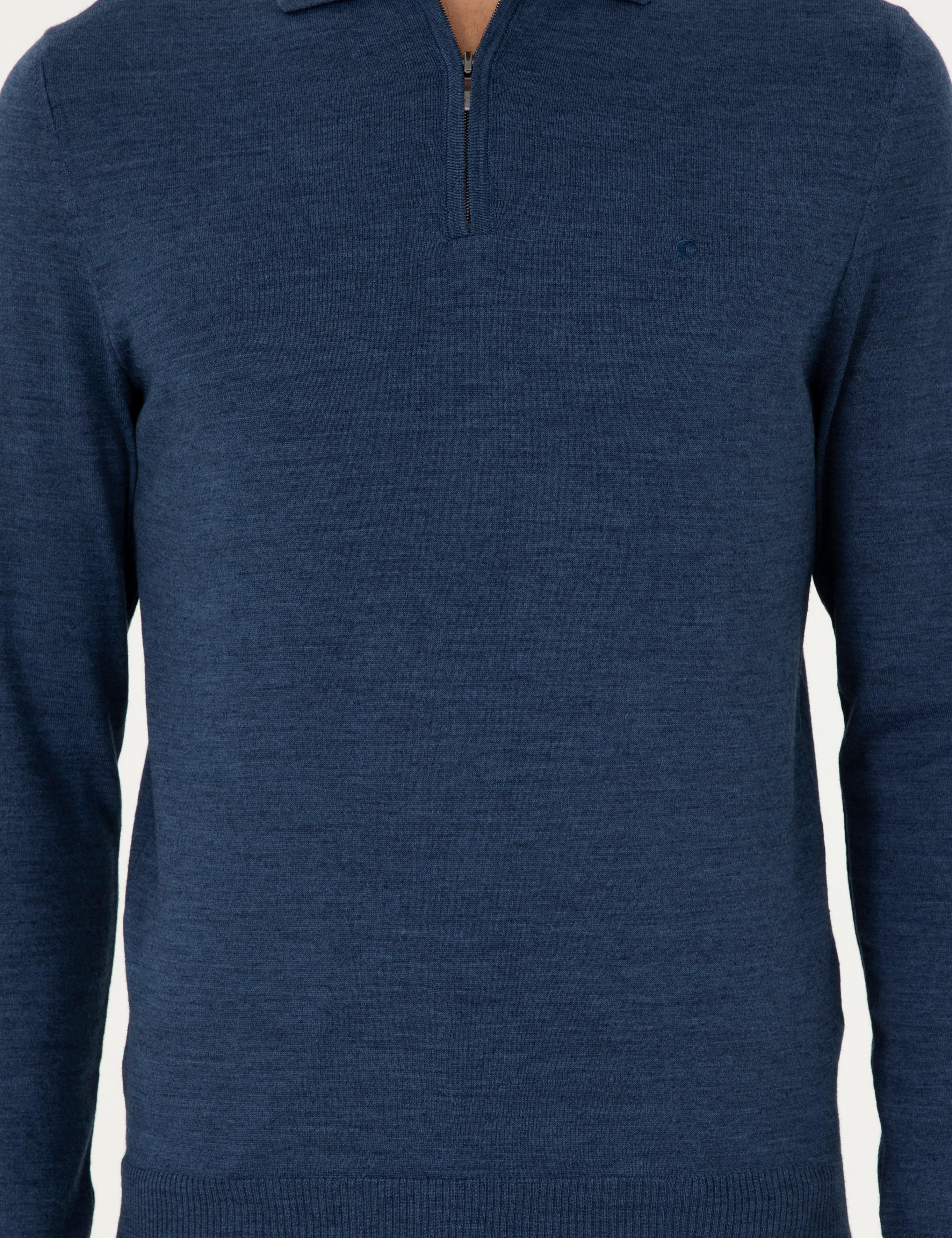 İndigo Regular Fit Yün Karışımlı Fermuarlı Polo Yaka Basic Triko Kazak - 50296495025