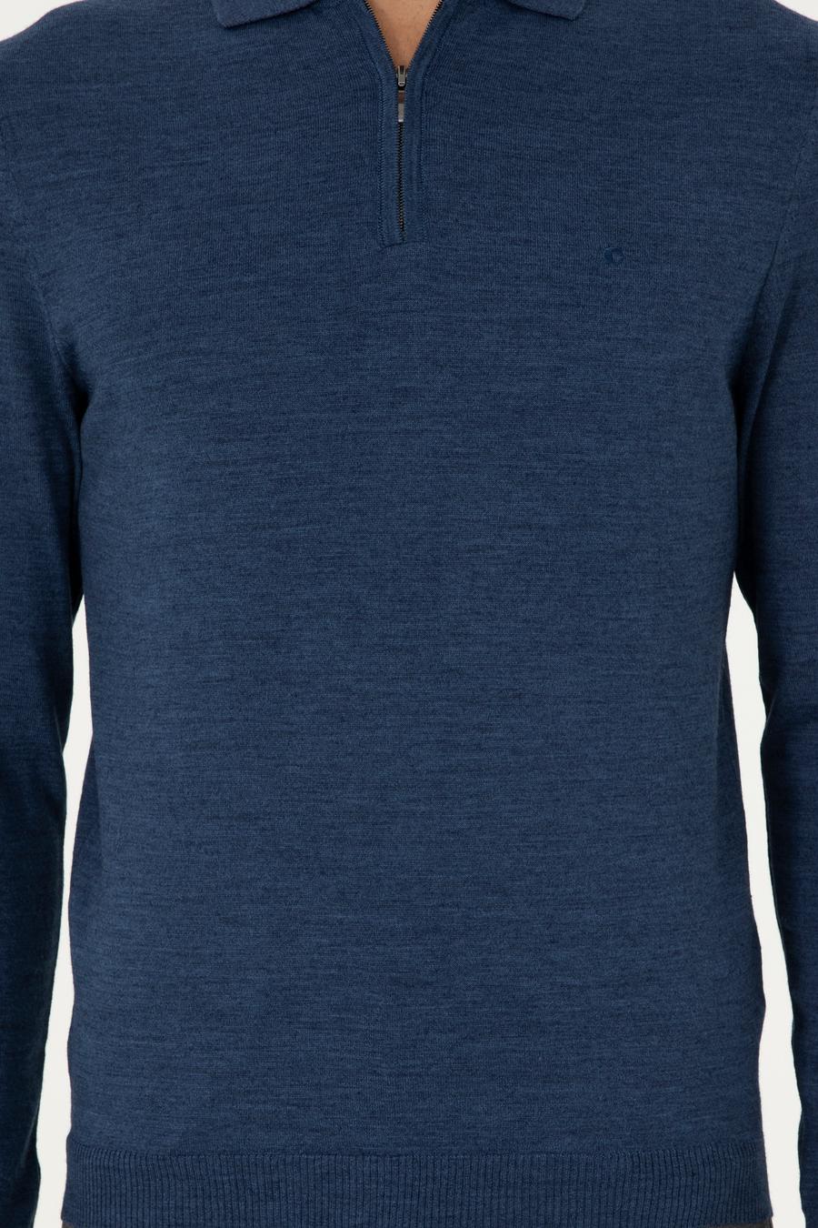 İndigo Regular Fit Yün Karışımlı Fermuarlı Polo Yaka Basic Triko Kazak - 50296495025