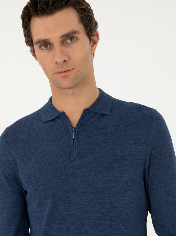 İndigo Regular Fit Yün Karışımlı Fermuarlı Polo Yaka Basic Triko Kazak