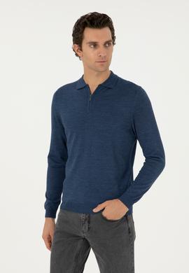 İndigo Regular Fit Yün Karışımlı Fermuarlı Polo Yaka Basic Triko Kazak