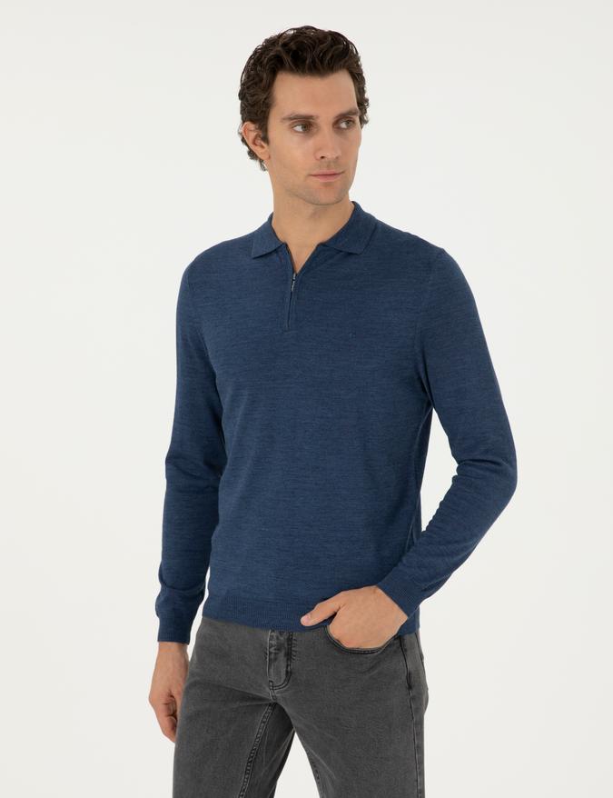İndigo Regular Fit Yün Karışımlı Fermuarlı Polo Yaka Basic Triko Kazak
