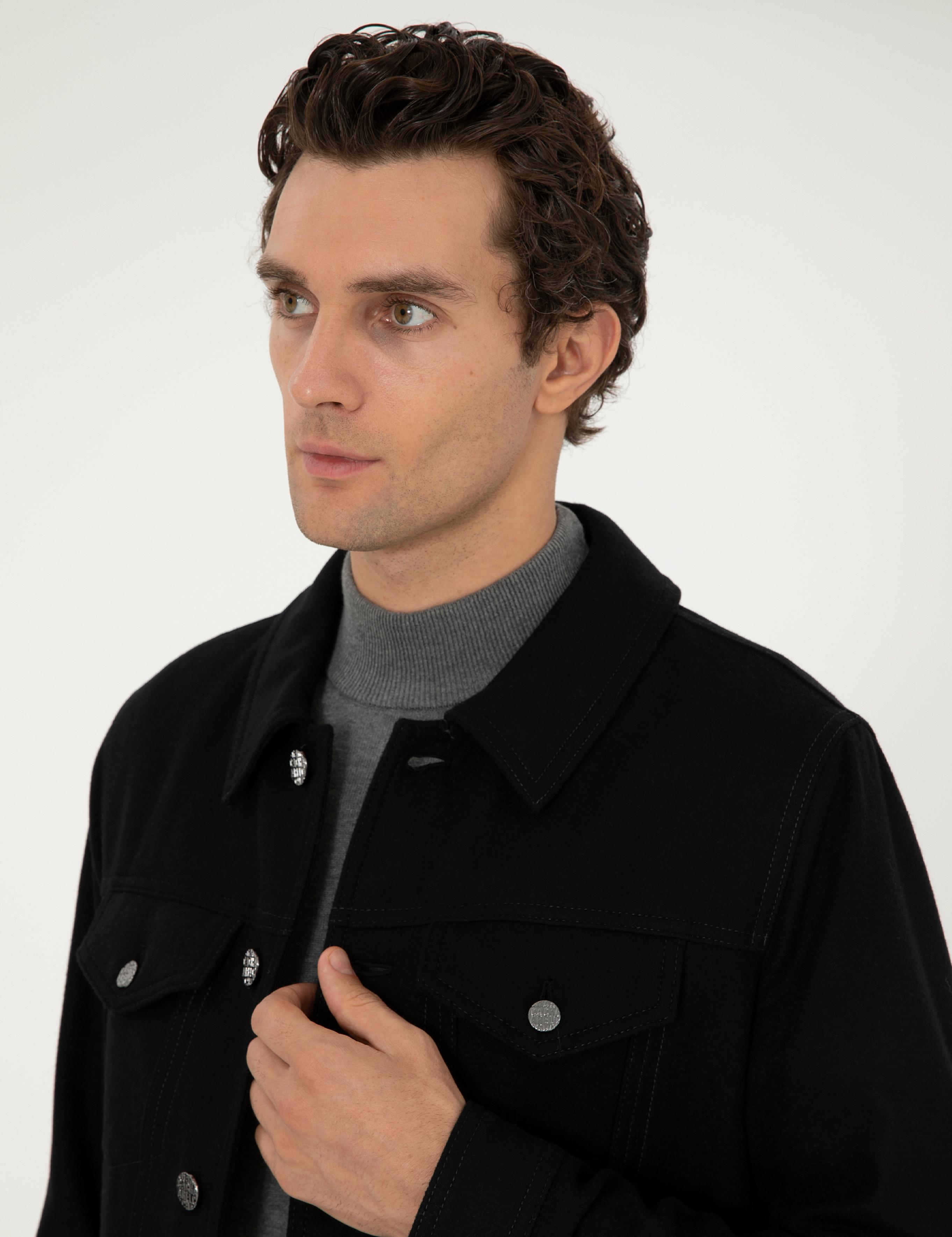 Siyah Regular Fit Yün Karışımlı Kaşe Mont - 50292077003