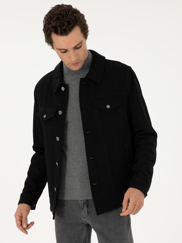 Siyah Regular Fit Yün Karışımlı Kaşe Mont