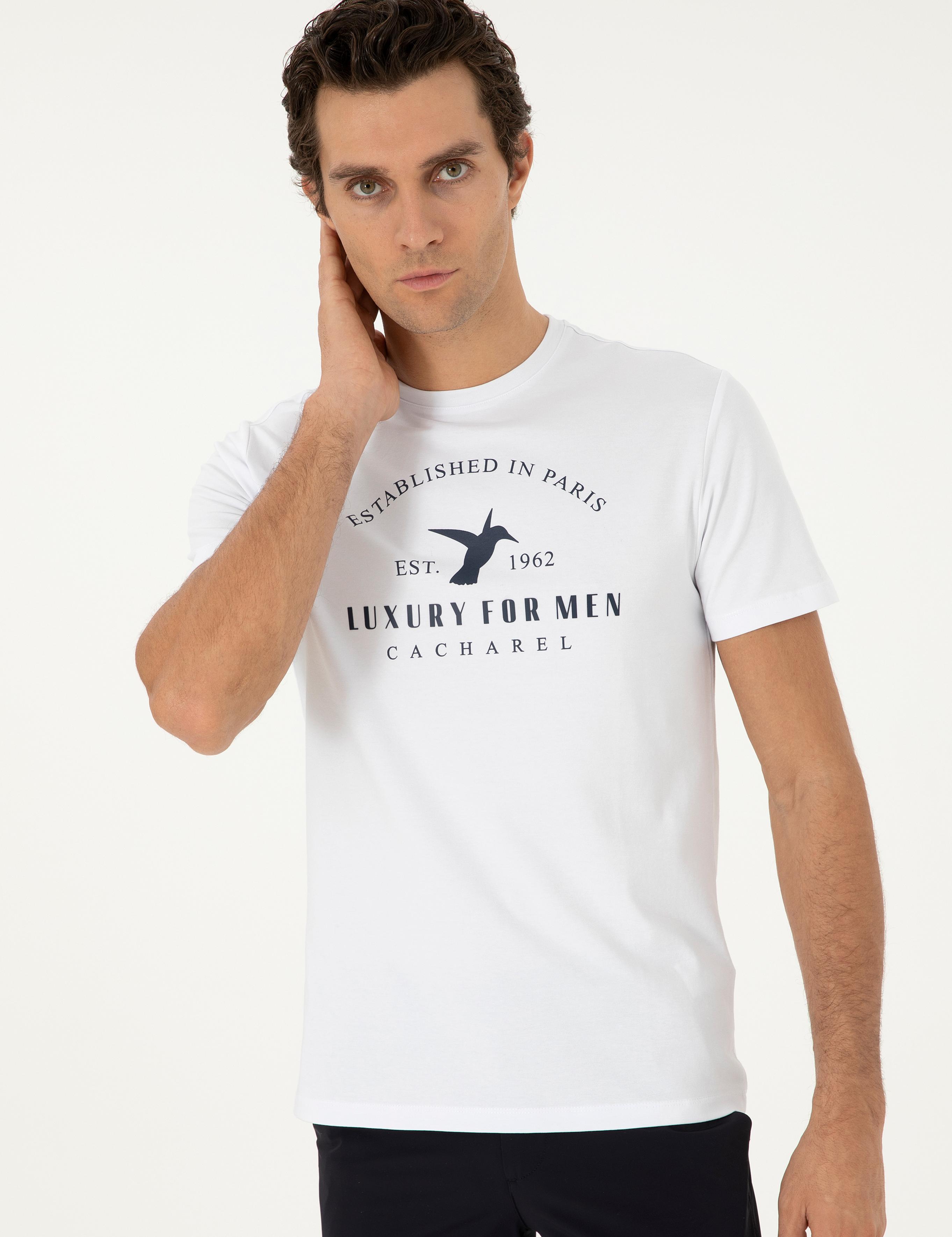 Beyaz Slim Fit Bisiklet Yaka Desenli T-shirt - 50301469025
