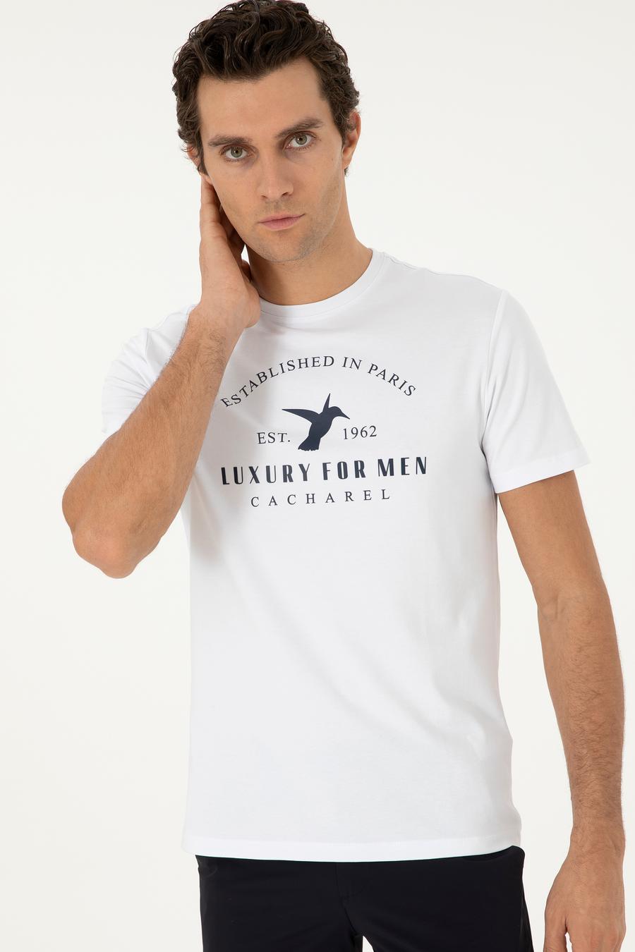 Beyaz Slim Fit Bisiklet Yaka Desenli T-shirt - 50301469025