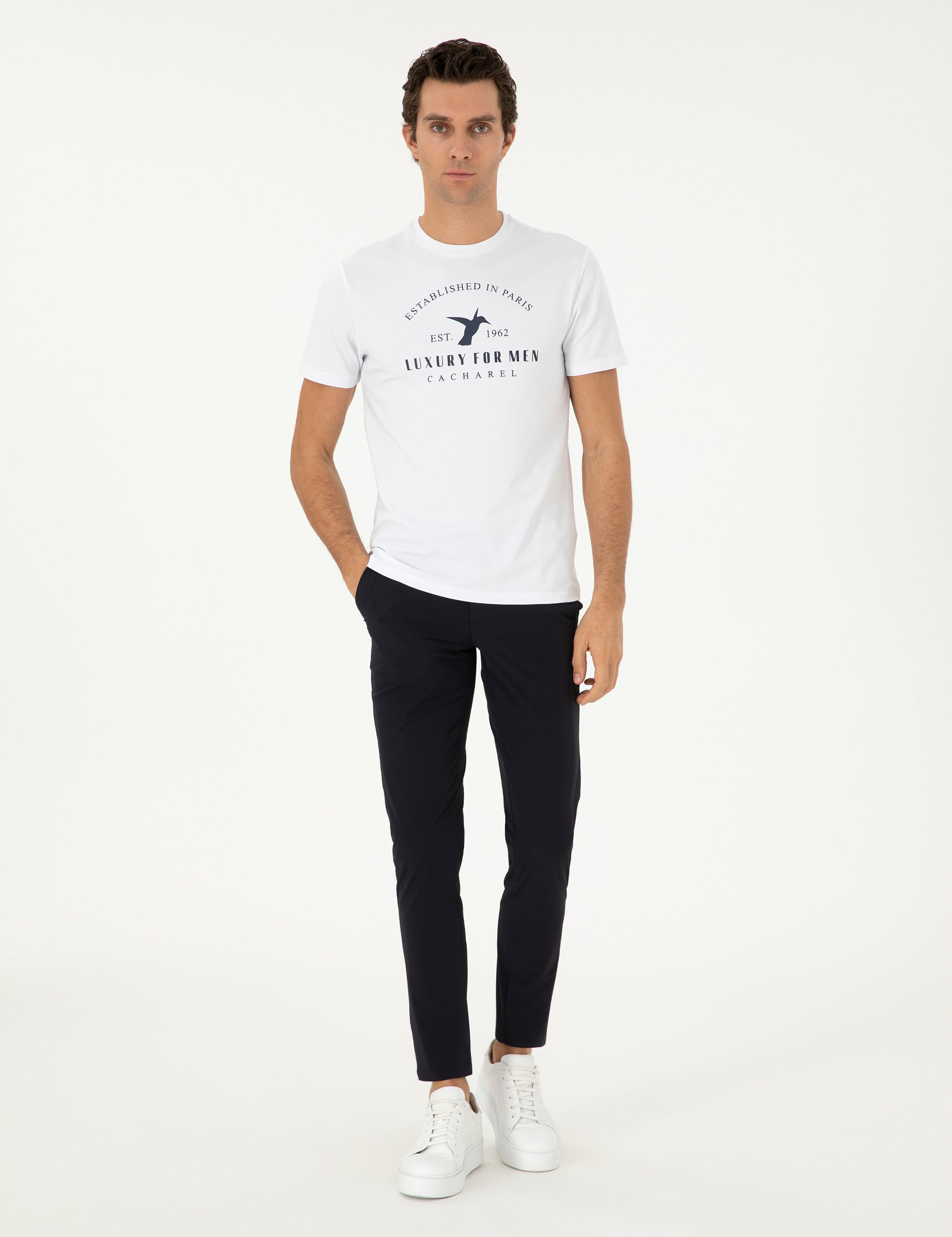 Beyaz Slim Fit Bisiklet Yaka Desenli T-shirt - 50301469025