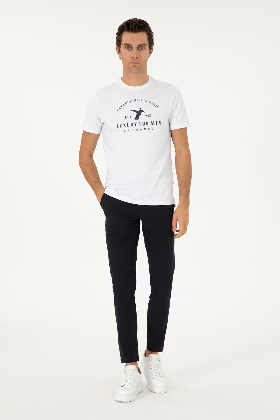 Beyaz Slim Fit Bisiklet Yaka Desenli T-shirt - 50301469025