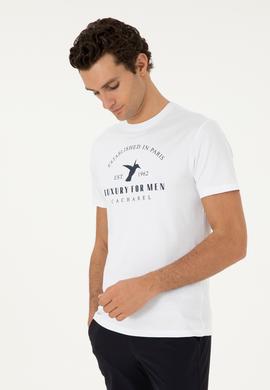 Beyaz Slim Fit Bisiklet Yaka Desenli T-shirt