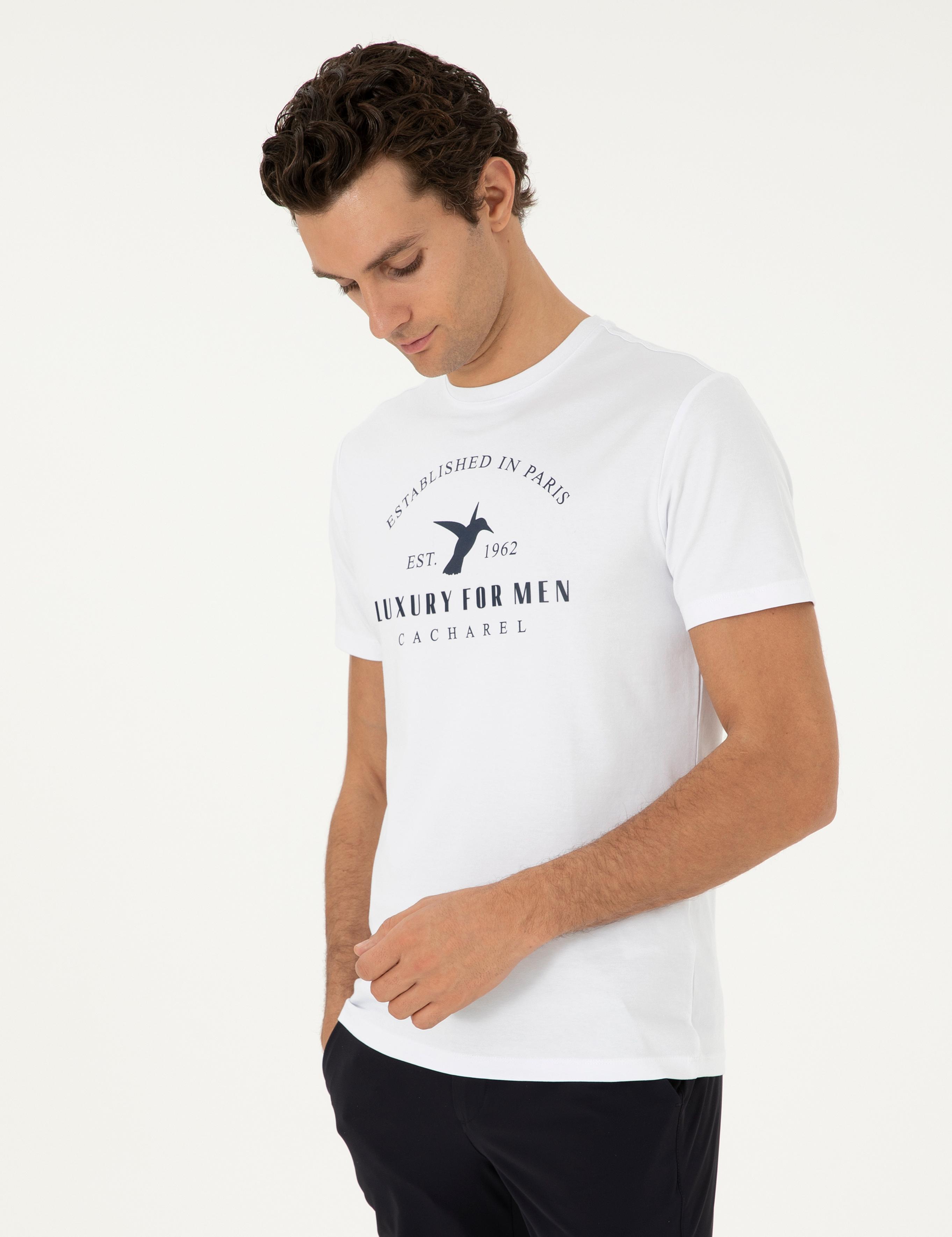 Beyaz Slim Fit Bisiklet Yaka Desenli T-shirt - 50301469025