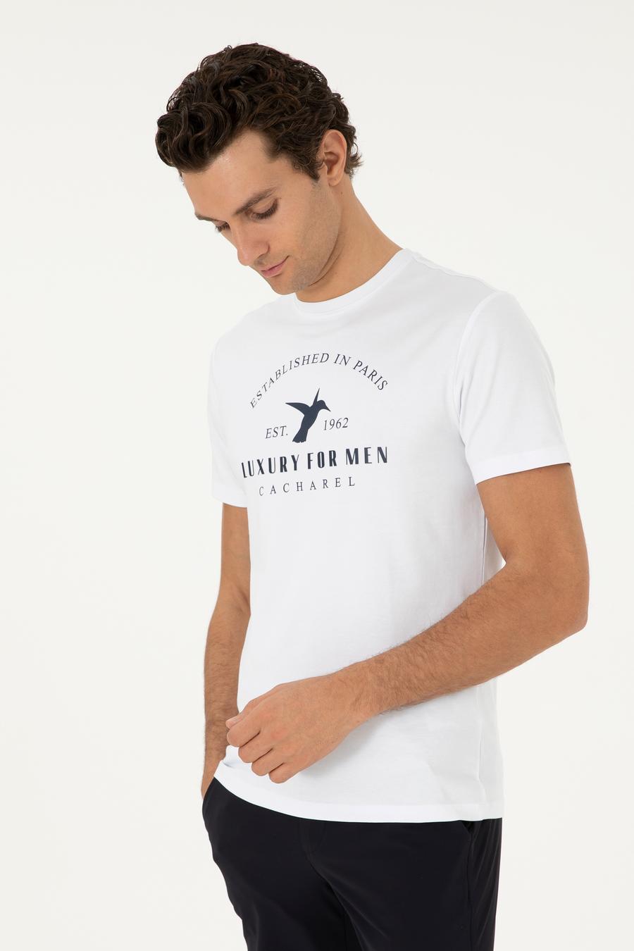 Beyaz Slim Fit Bisiklet Yaka Desenli T-shirt - 50301469025