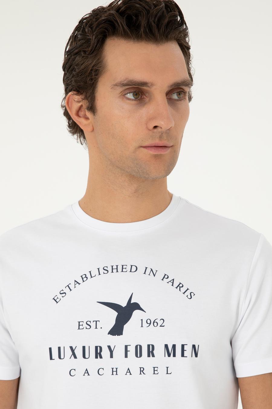 Beyaz Slim Fit Bisiklet Yaka Desenli T-shirt - 50301469025