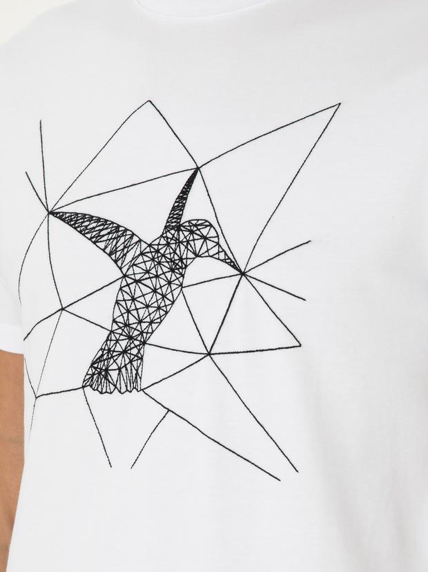 Beyaz Slim Fit Bisiklet Yaka Desenli T-shirt