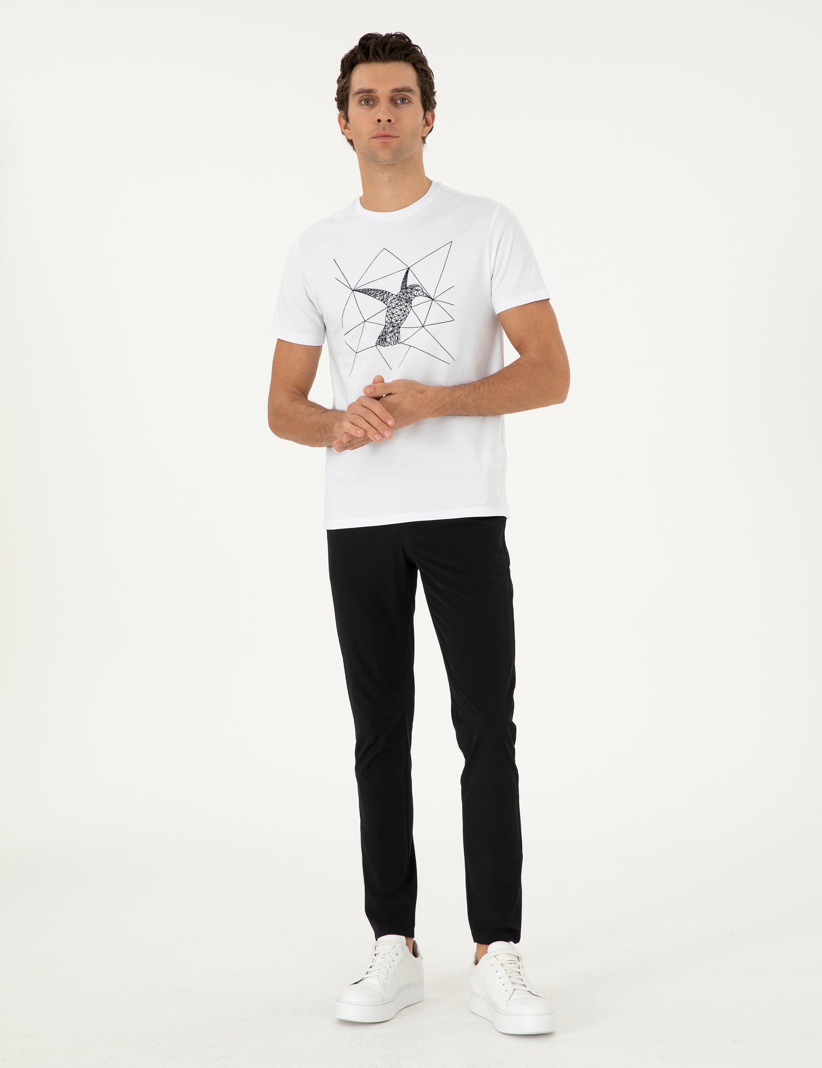 Beyaz Slim Fit Bisiklet Yaka Desenli T-shirt - 50305443004