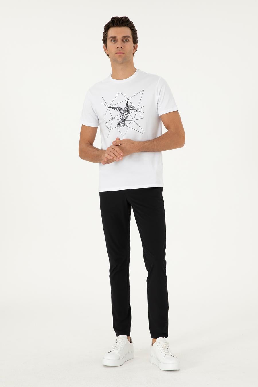 Beyaz Slim Fit Bisiklet Yaka Desenli T-shirt - 50305443004
