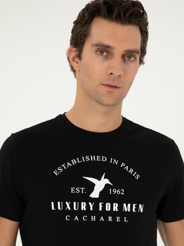 Siyah Slim Fit Bisiklet Yaka Desenli T-shirt