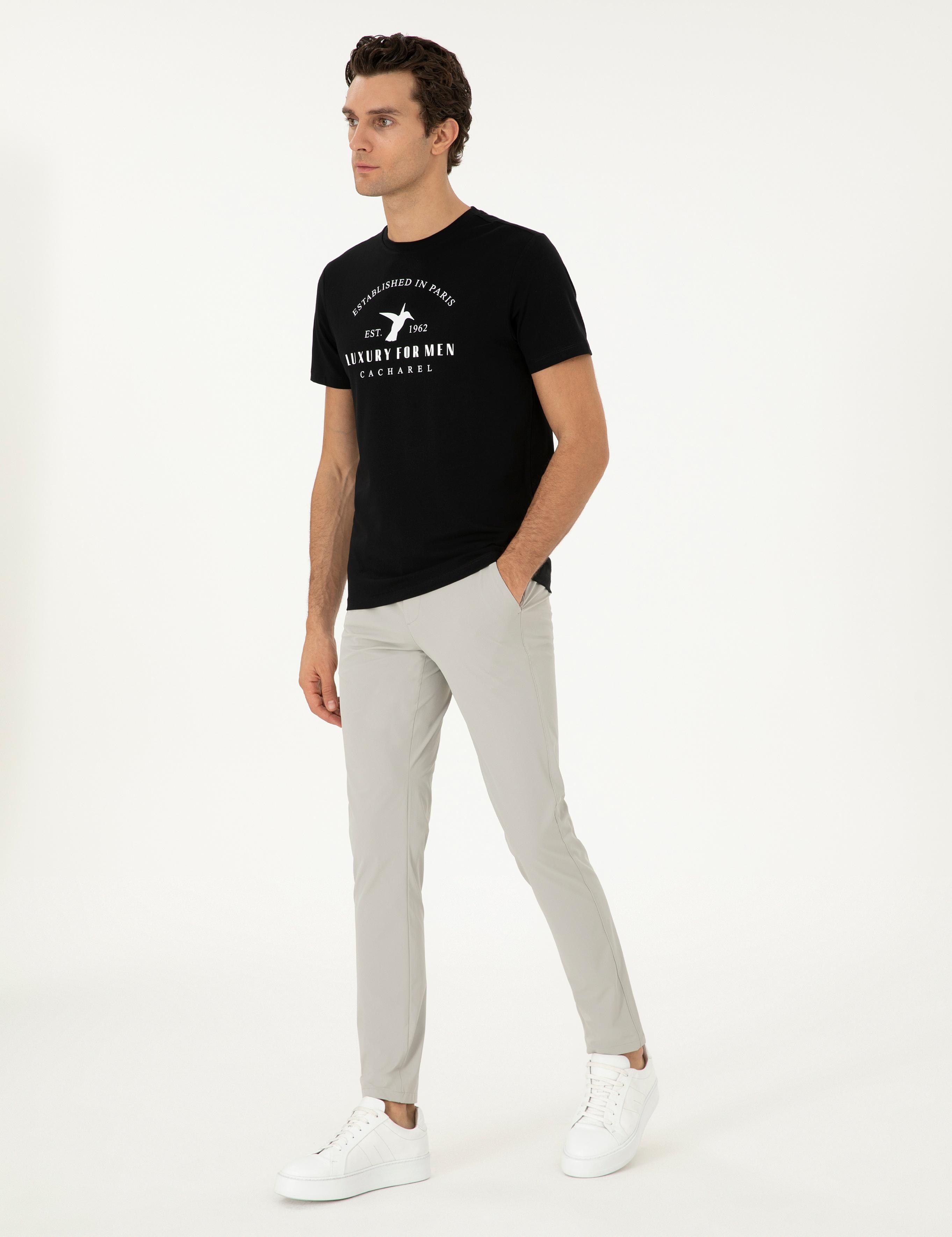 Siyah Slim Fit Bisiklet Yaka Desenli T-shirt - 50301469033