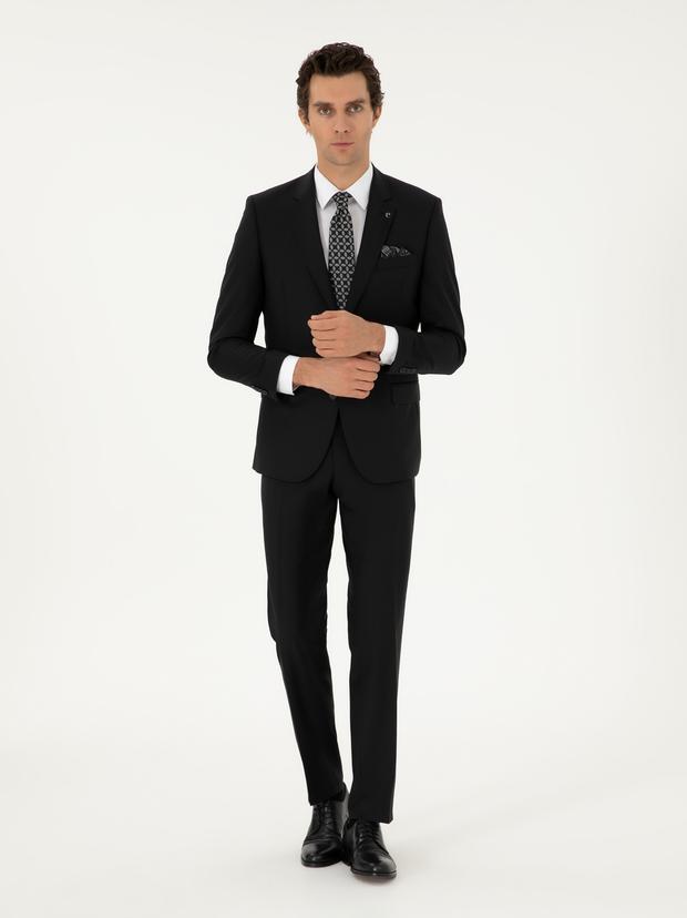 Siyah Slim Fit %100 Yün Basic Takım Elbise