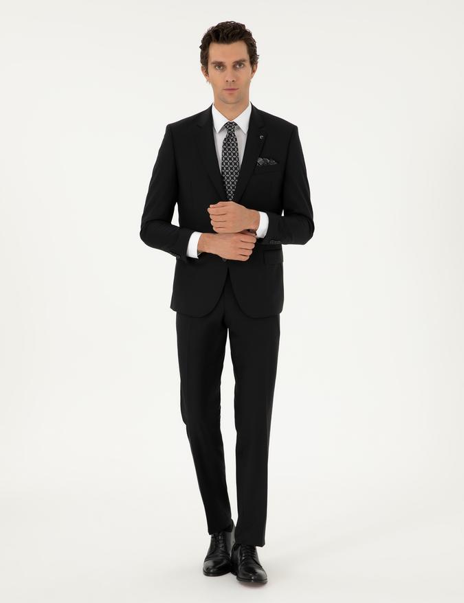Siyah Slim Fit %100 Yün Basic Takım Elbise