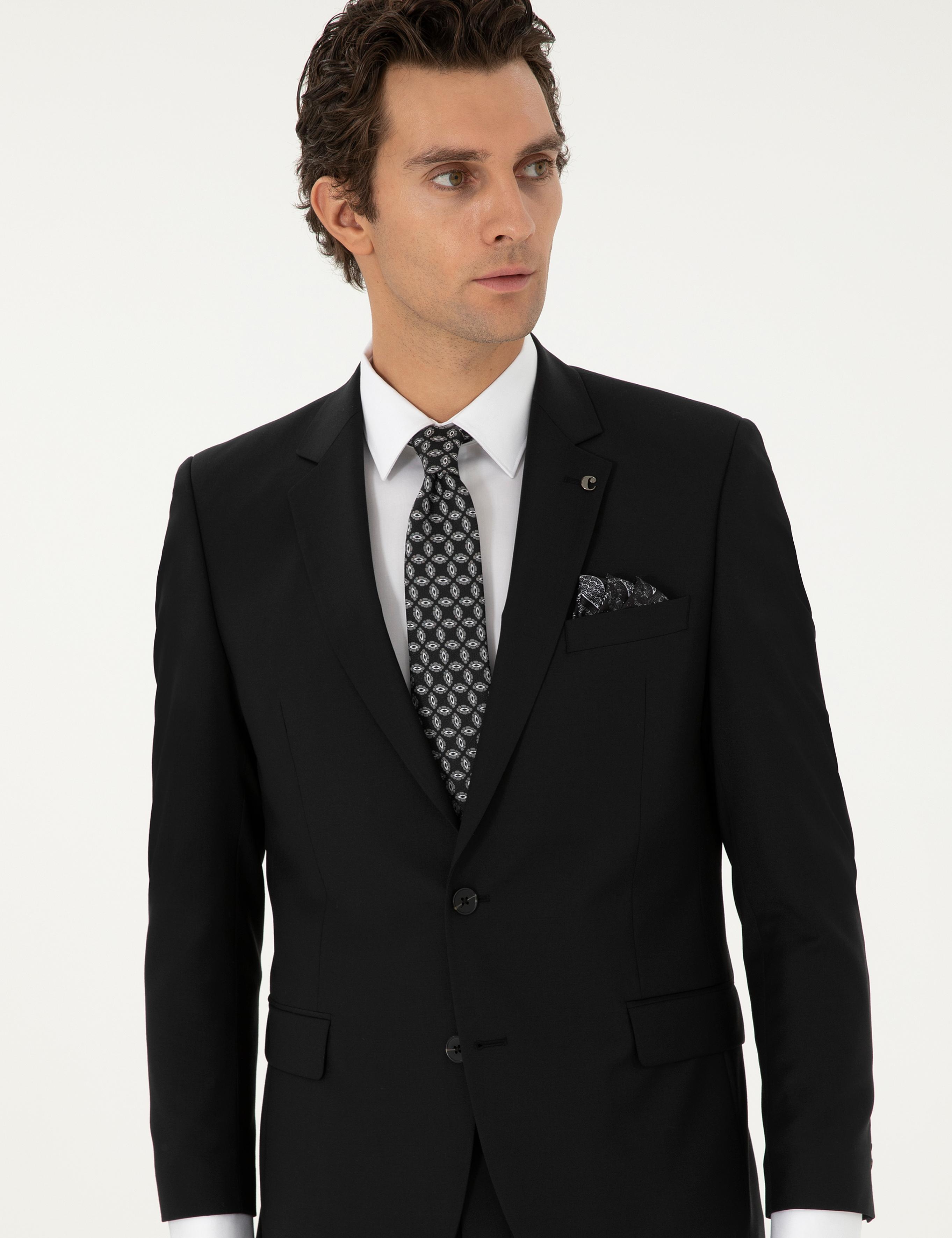 Siyah Slim Fit %100 Yün Basic Takım Elbise - 50299348038