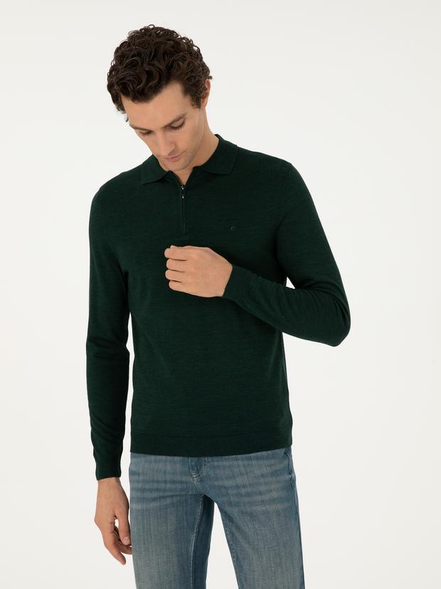 Zümrüt Regular Fit Yün Karışımlı Fermuarlı Polo Yaka Basic Triko Kazak