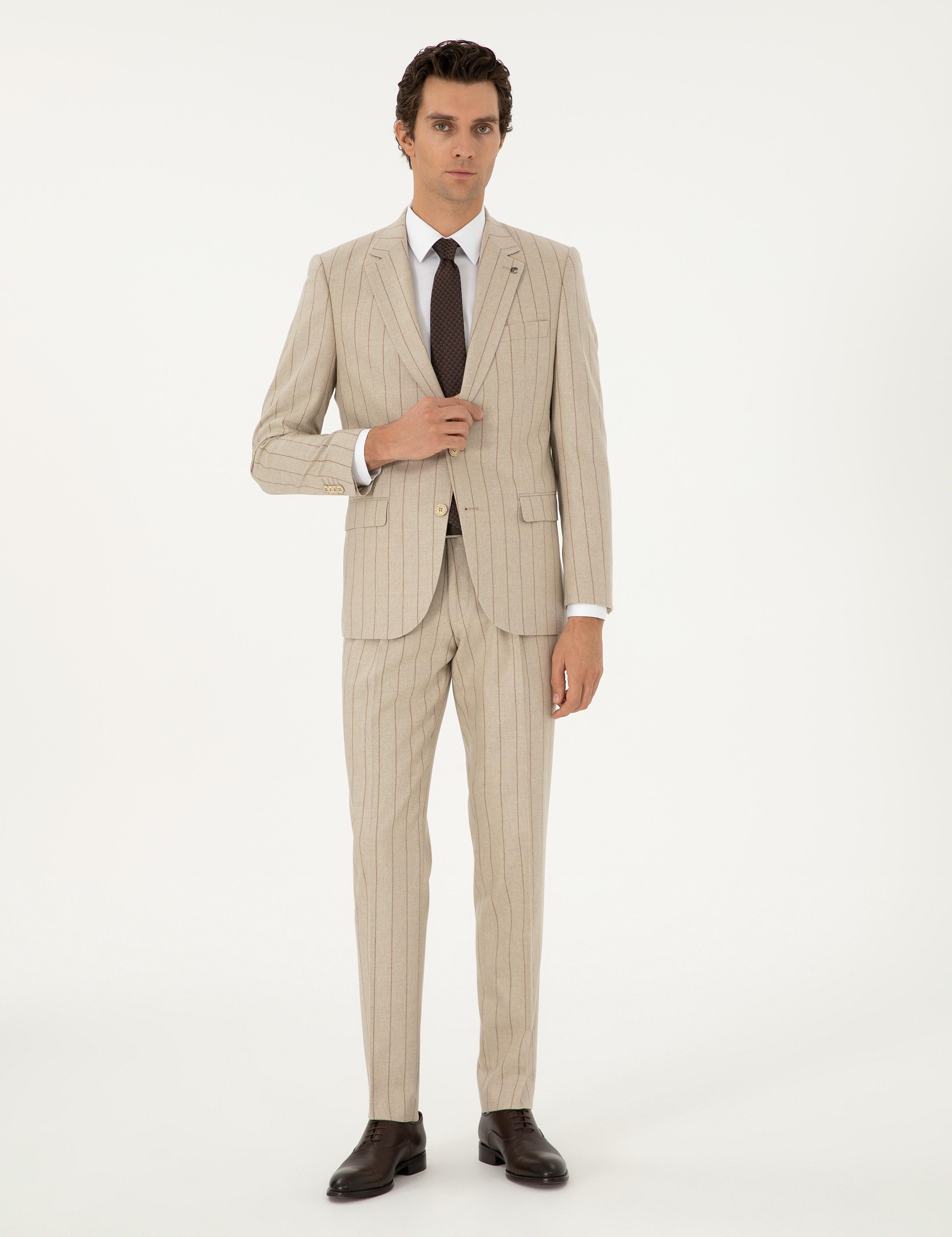 Bej Slim Fit Yün Kaşmir Karışımlı Kırlangıç Yaka Çizgili Takım Elbise - 50291127051