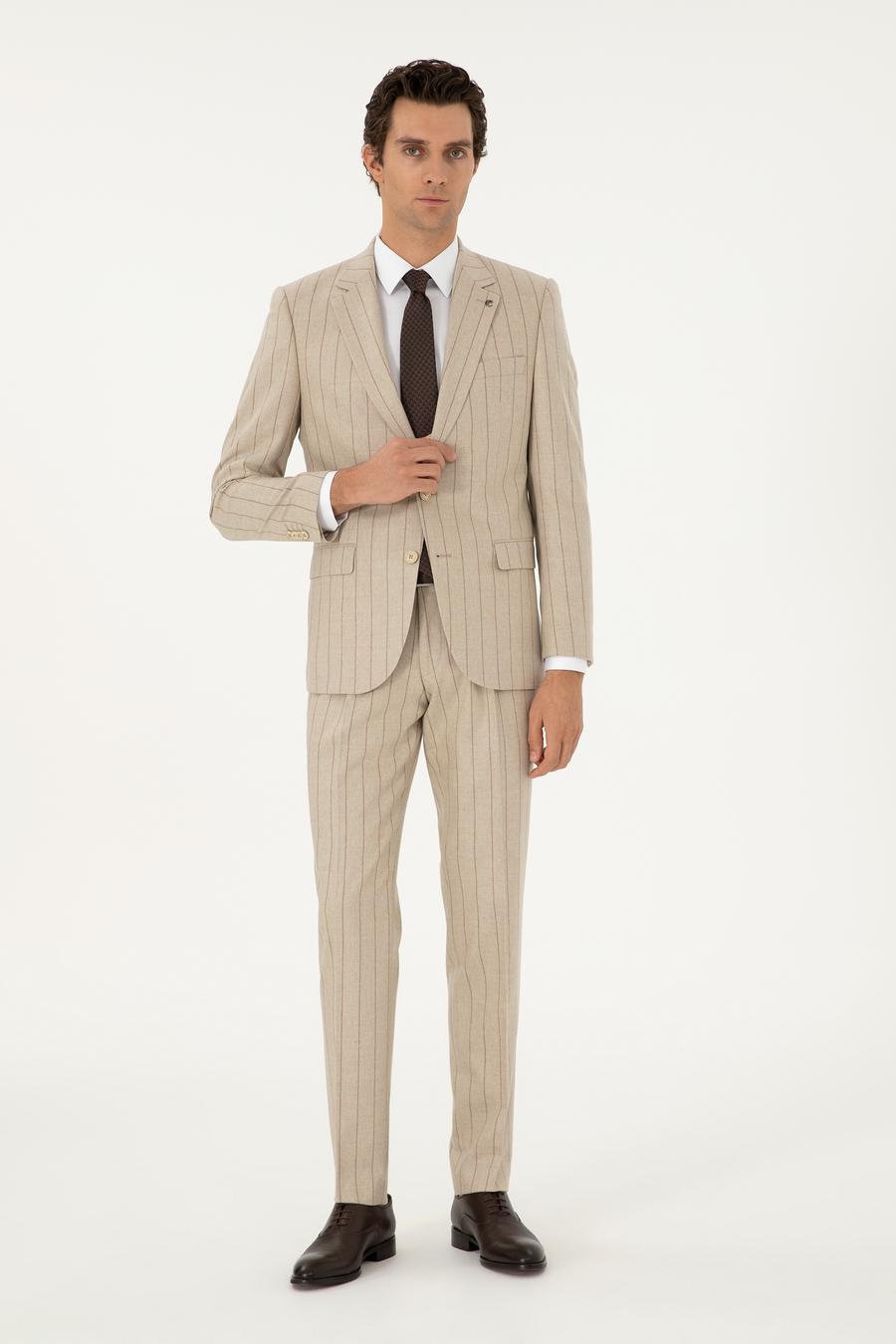 Bej Slim Fit Yün Kaşmir Karışımlı Kırlangıç Yaka Çizgili Takım Elbise - 50291127051