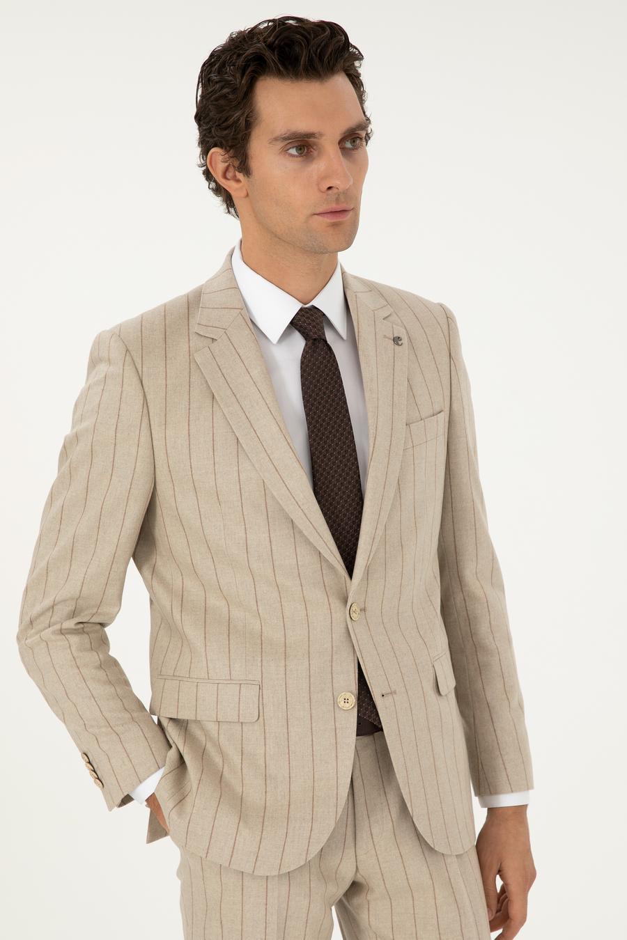 Bej Slim Fit Yün Kaşmir Karışımlı Kırlangıç Yaka Çizgili Takım Elbise - 50291127051