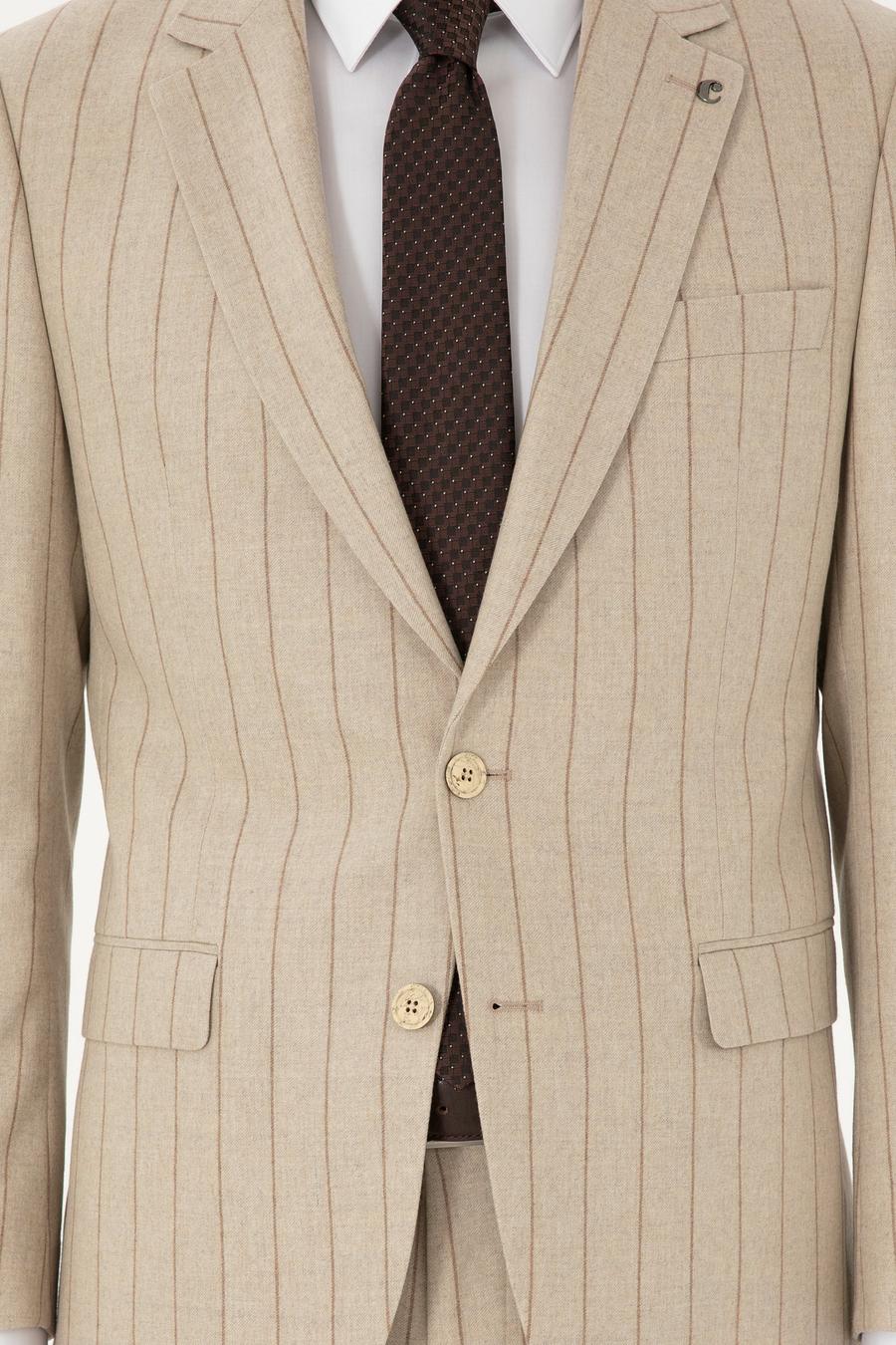 Bej Slim Fit Yün Kaşmir Karışımlı Kırlangıç Yaka Çizgili Takım Elbise - 50291127051