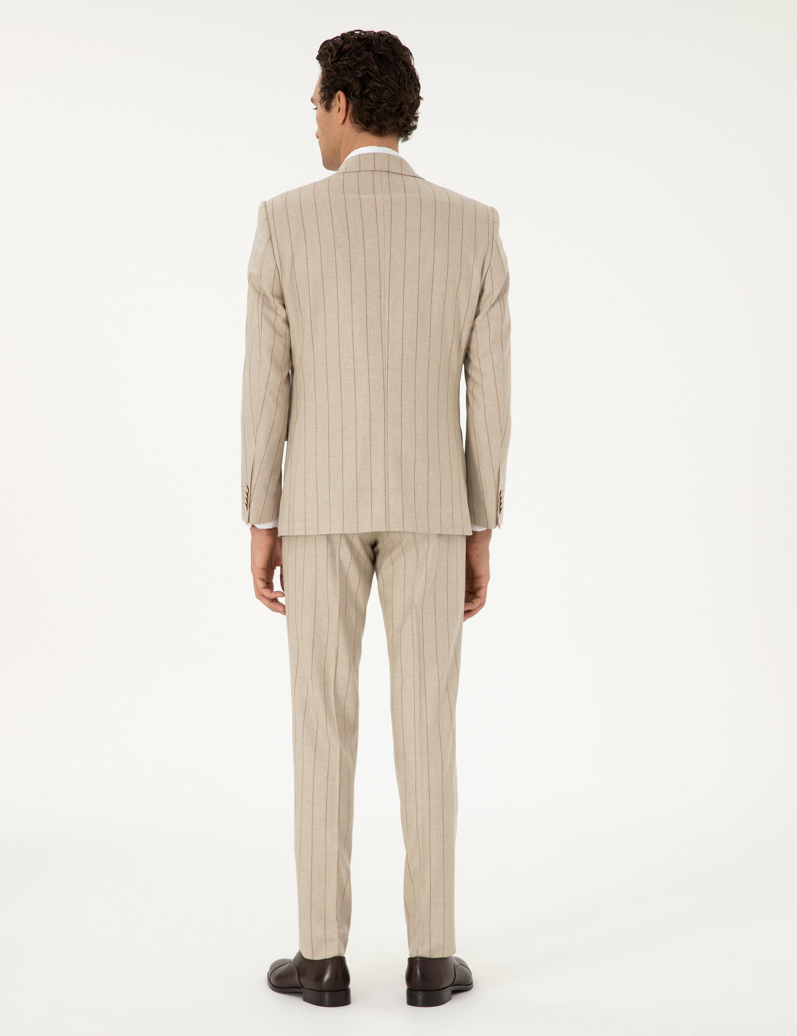 Bej Slim Fit Yün Kaşmir Karışımlı Kırlangıç Yaka Çizgili Takım Elbise - 50291127051