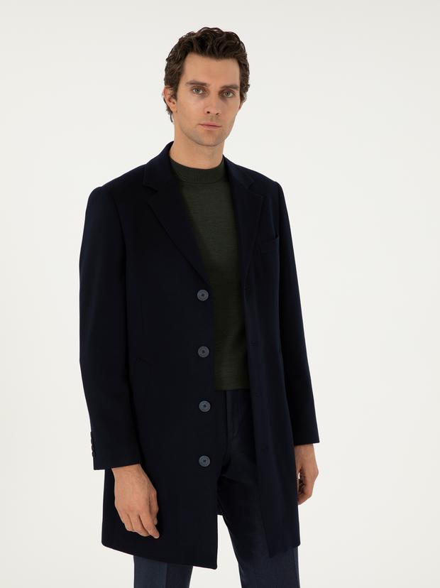 Lacivert Kaşmir Slim Fit Palto