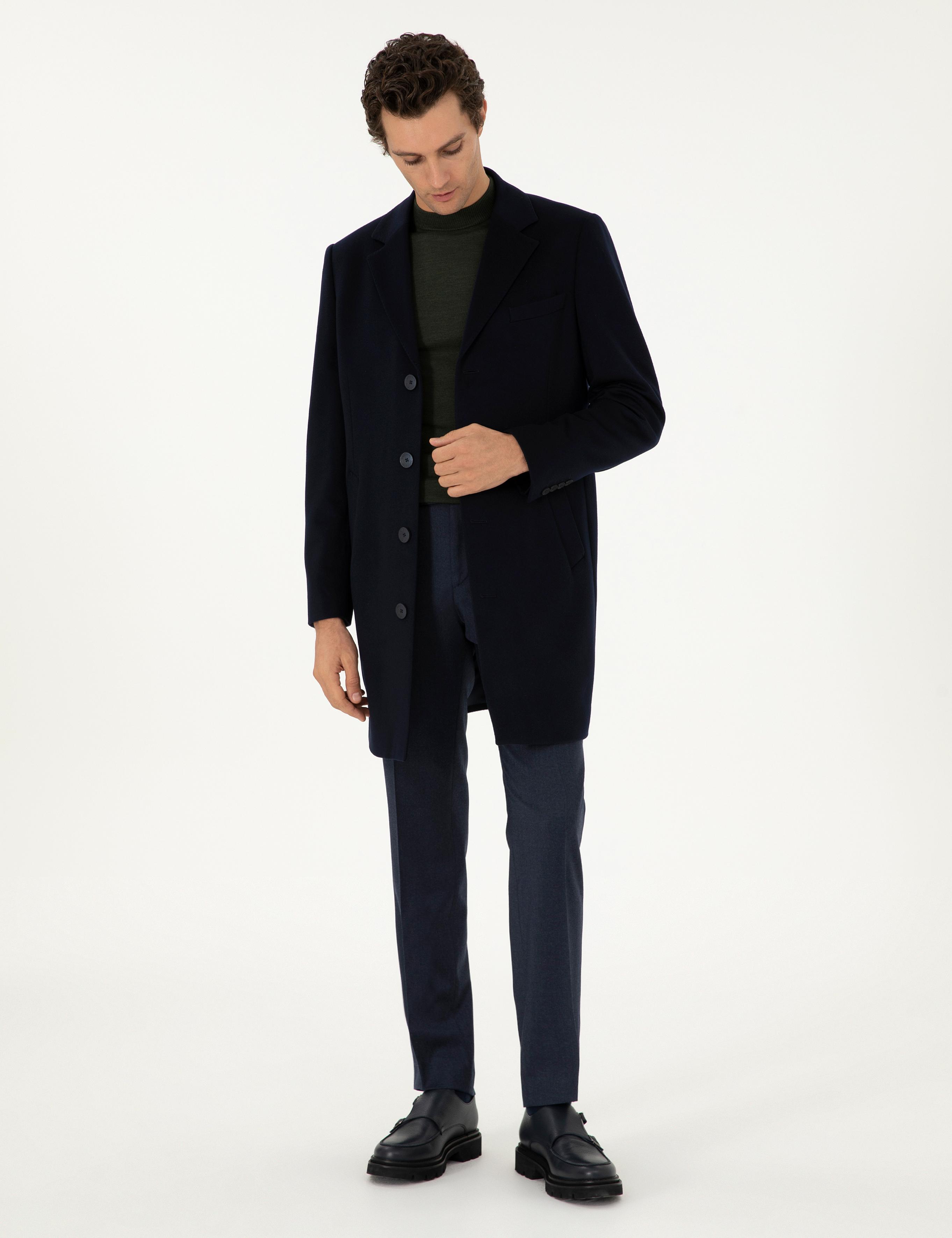 Lacivert Kaşmir Slim Fit Palto - 50293726002