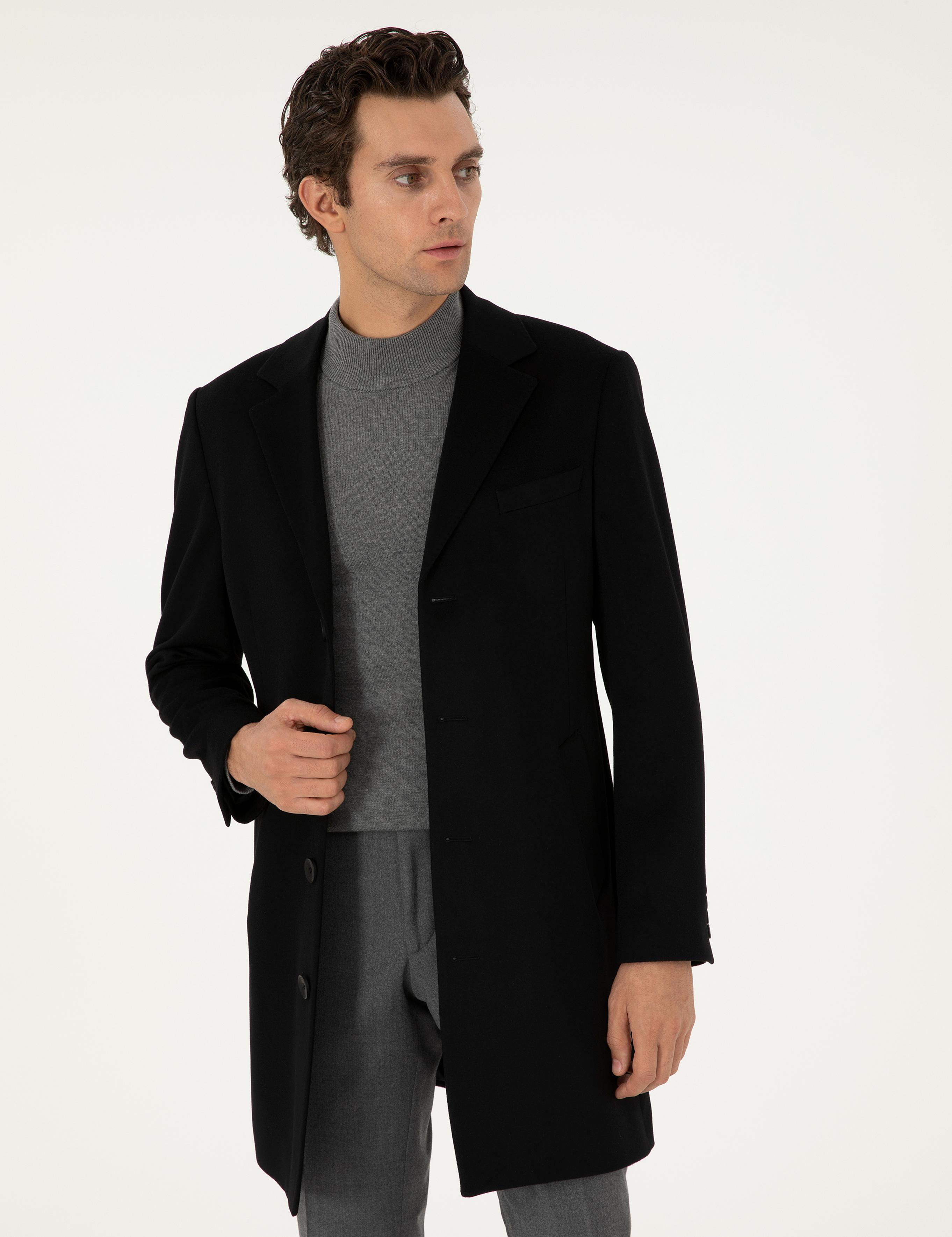 Siyah Kaşmir Slim Fit Palto - 50293726023