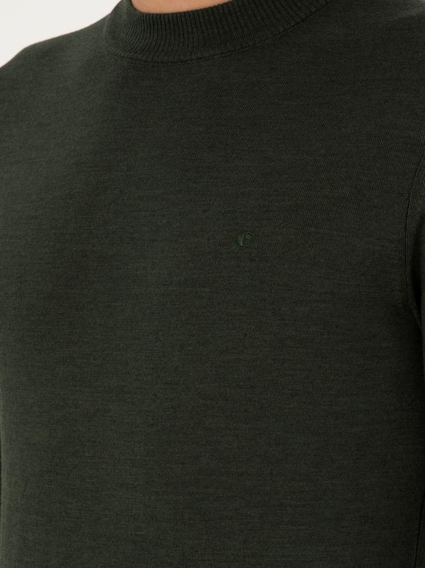 Haki Slim Fit Yün Karışımlı Çeyrek Balıkçı Yaka Basic Triko Kazak