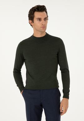 Haki Slim Fit Yün Karışımlı Çeyrek Balıkçı Yaka Basic Triko Kazak