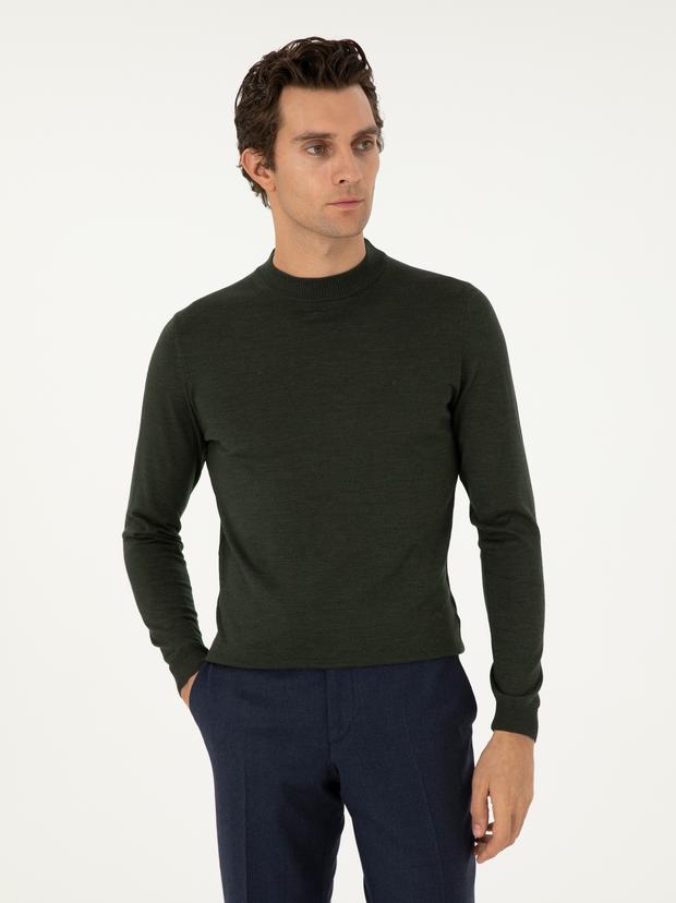 Haki Slim Fit Yün Karışımlı Çeyrek Balıkçı Yaka Basic Triko Kazak