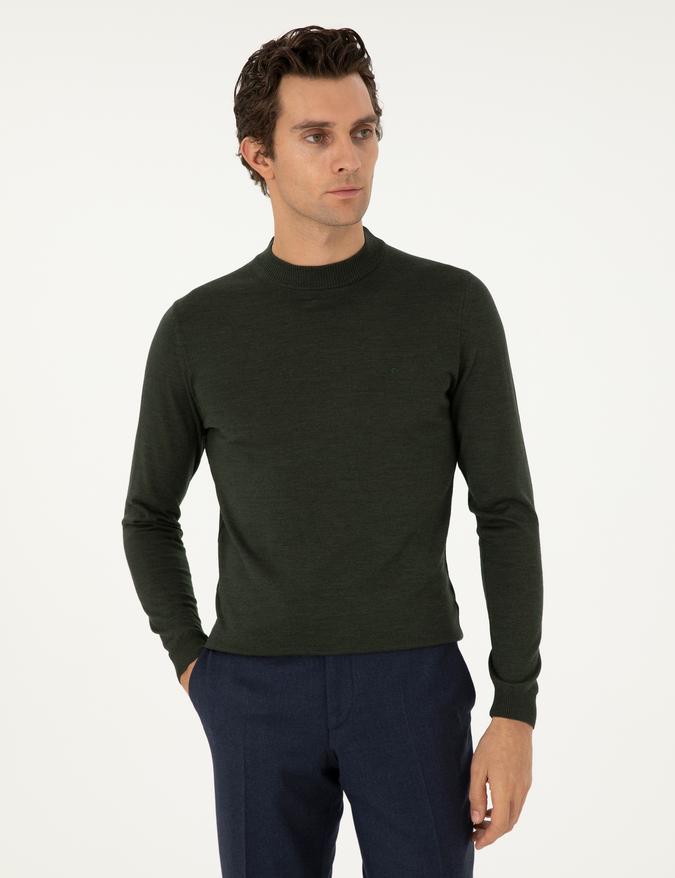 Haki Slim Fit Yün Karışımlı Çeyrek Balıkçı Yaka Basic Triko Kazak