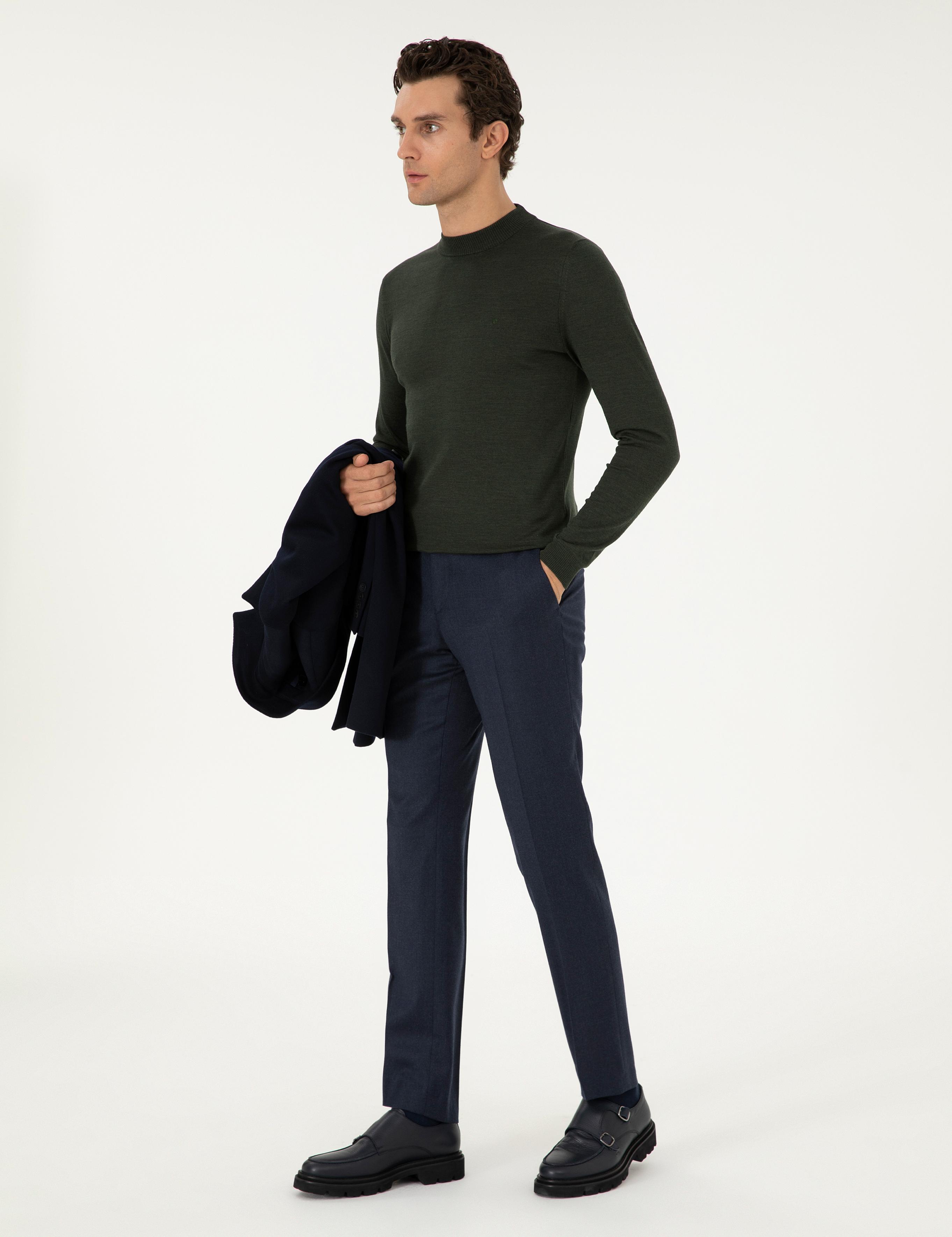Haki Slim Fit Yün Karışımlı Çeyrek Balıkçı Yaka Basic Triko Kazak - 50296402084