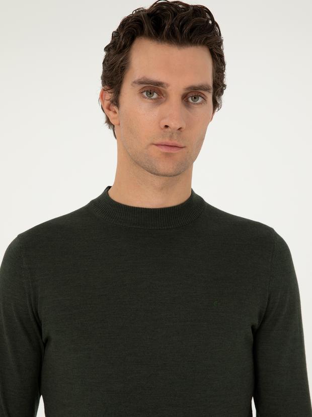 Haki Slim Fit Yün Karışımlı Çeyrek Balıkçı Yaka Basic Triko Kazak