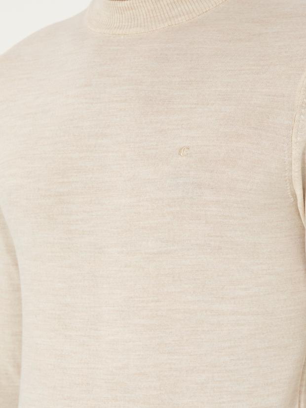 Bej Slim Fit Yün Karışımlı Çeyrek Balıkçı Yaka Basic Triko Kazak