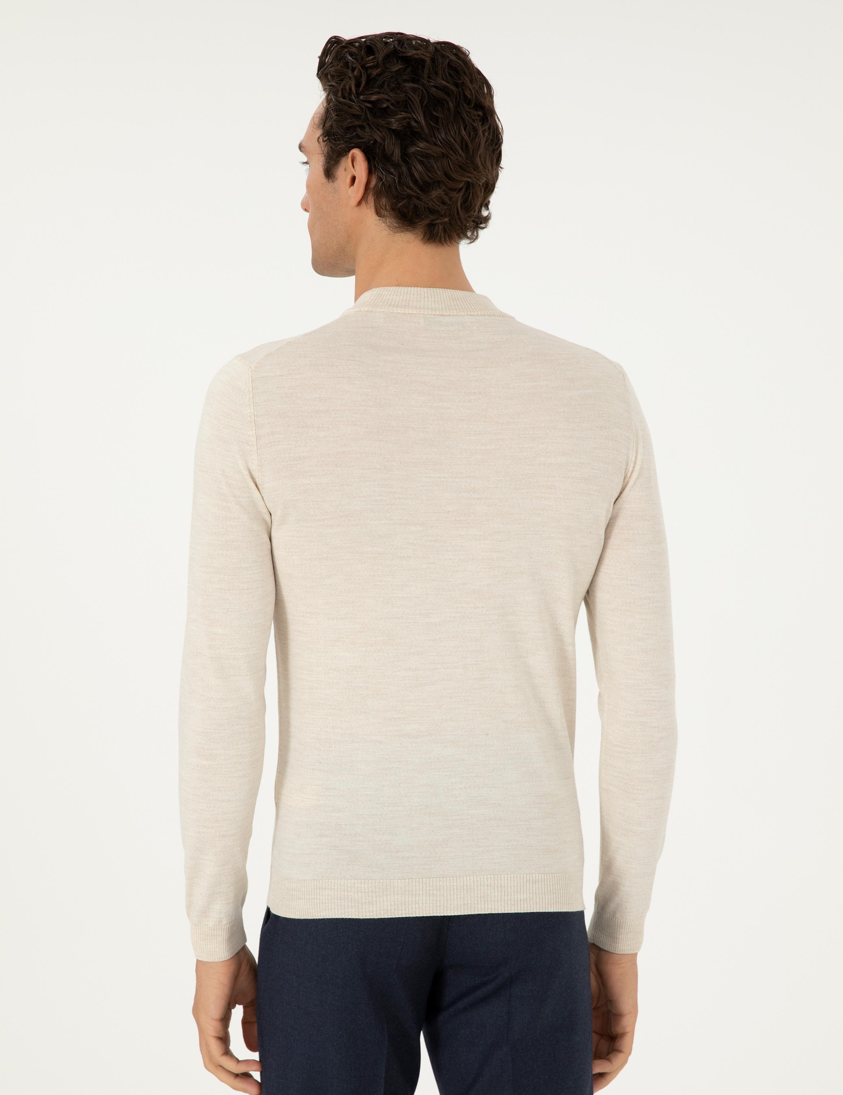 Bej Slim Fit Yün Karışımlı Çeyrek Balıkçı Yaka Basic Triko Kazak - 50296402003