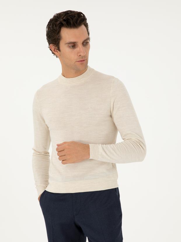 Bej Slim Fit Yün Karışımlı Çeyrek Balıkçı Yaka Basic Triko Kazak