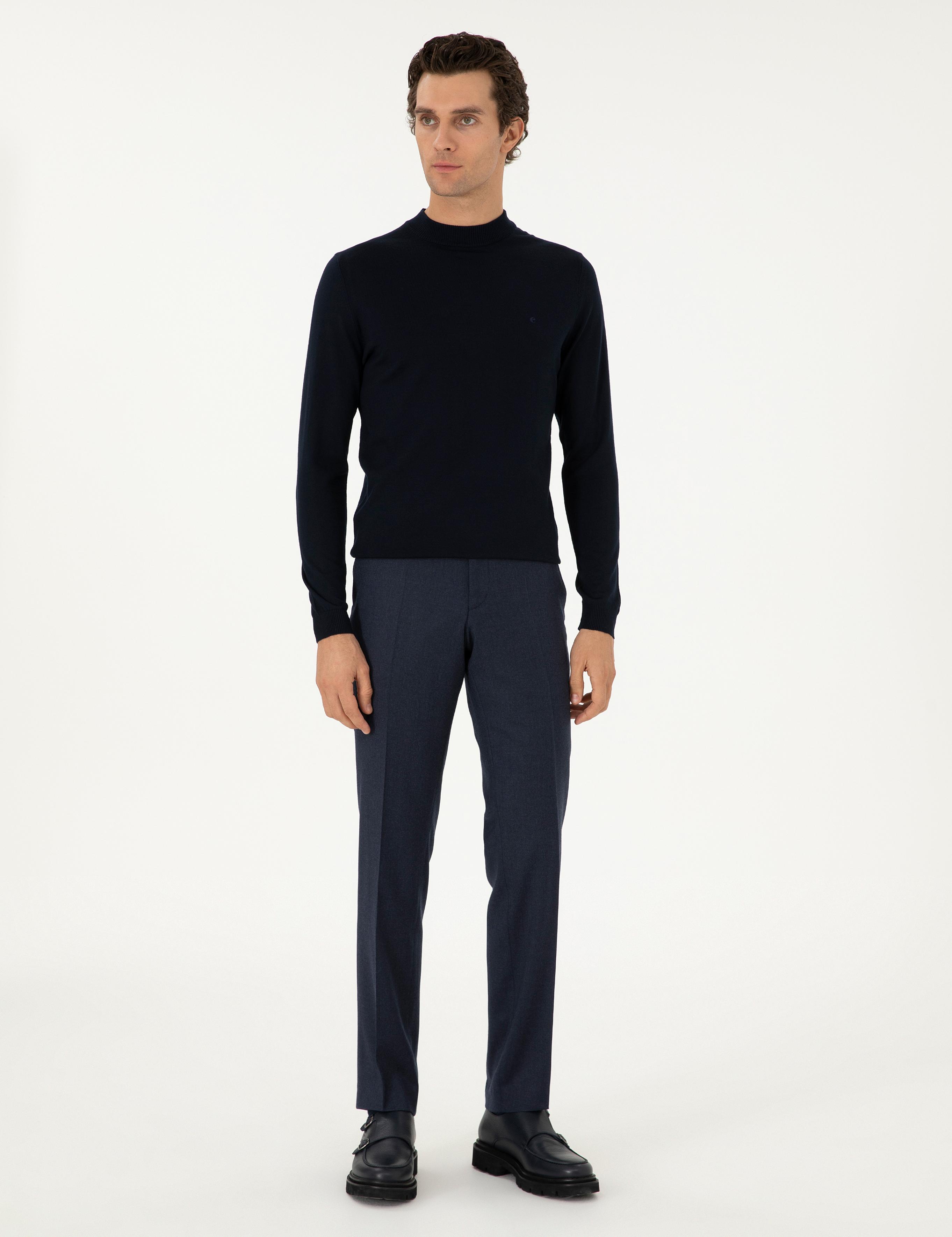 Lacivert Slim Fit Yün Karışımlı Çeyrek Balıkçı Yaka Basic Triko Kazak - 50296402044