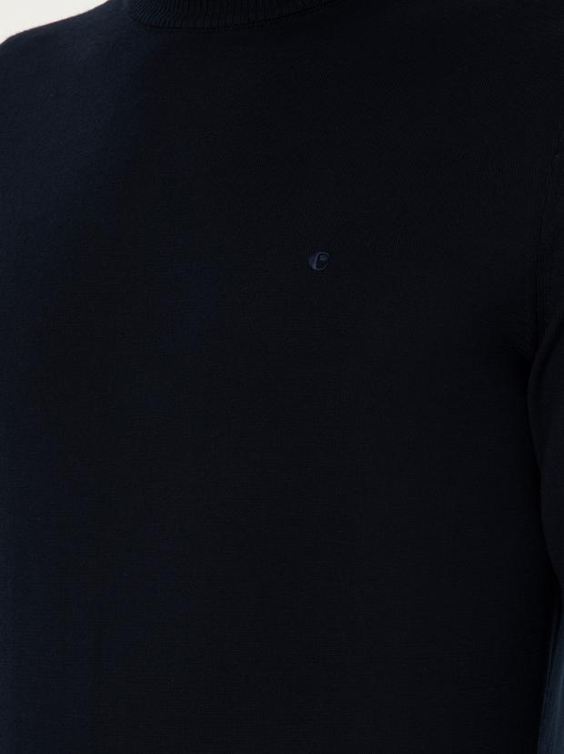 Lacivert Slim Fit Yün Karışımlı Çeyrek Balıkçı Yaka Basic Triko Kazak